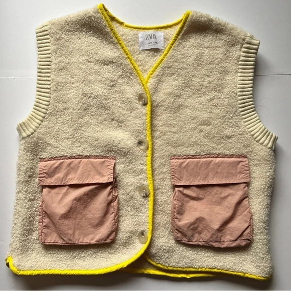 Zara Kids Boucle Knit Sweater Vest Fleece Pile  Retro Vintage Button Down 13-14 - Picture 3 of 15